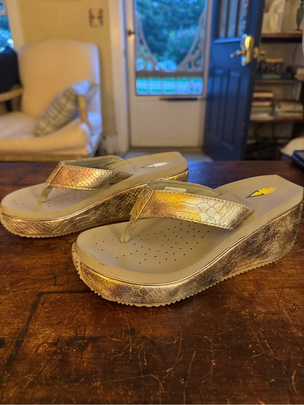Volatile Metallic Gold Wedge Flip Flops